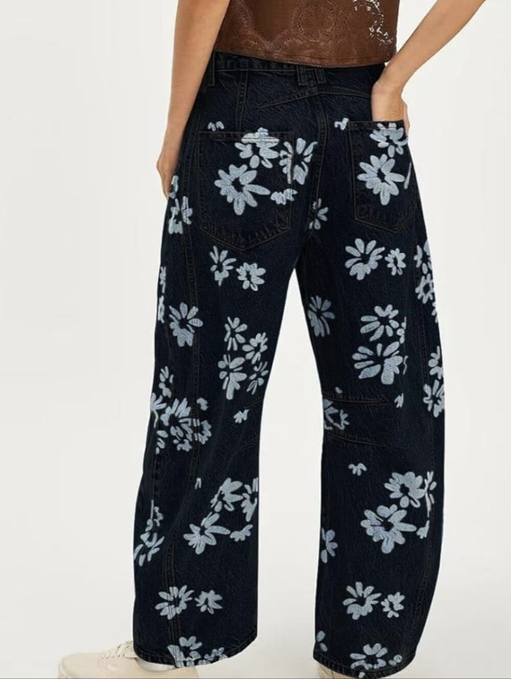 Floral Wide-Leg Denim Pants - Black with Light Blue Print - Picture 12 of 13